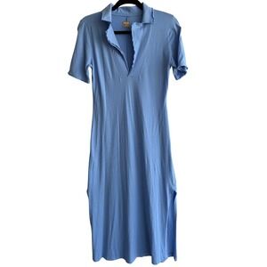 Free People Free-est Blue Polo Maxi Dress Short Sleeve Side Slits XS Effortless